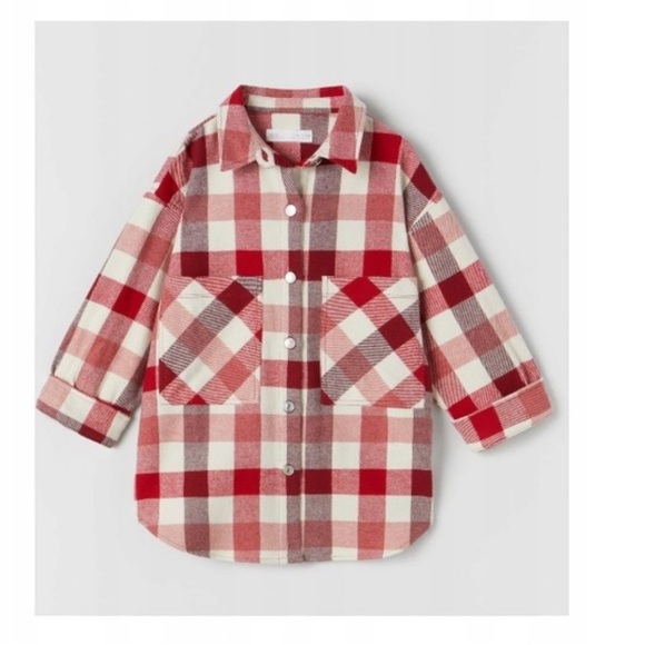 Zara girls plaid Red & Cream Checked Thick Cotton jacket button Overshirt 10 - Picture 2 of 8